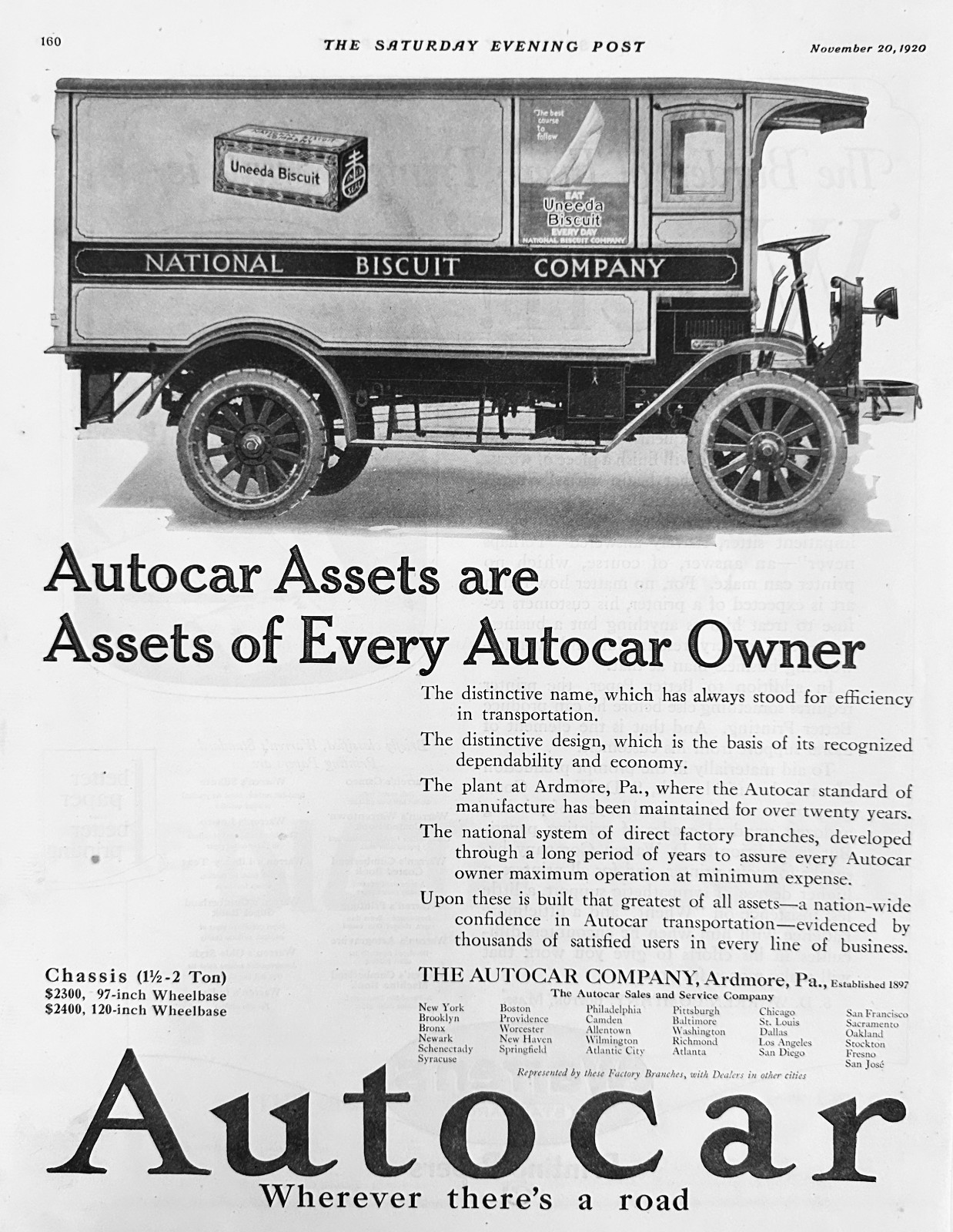 1920 Autocar Open Cab 1.5 T Delivery Truck - NABISCO - Ardmore, PA Ad #2167