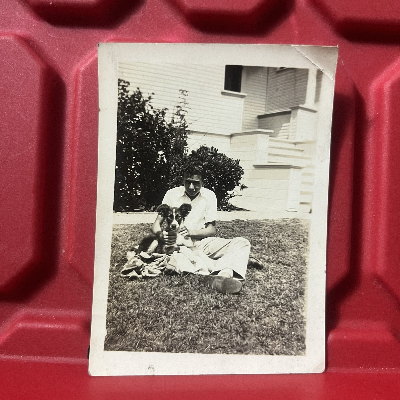 Man Holding His Dog Outside 2 1/2 x 3 1/2 Photograph Vintage 1940s
