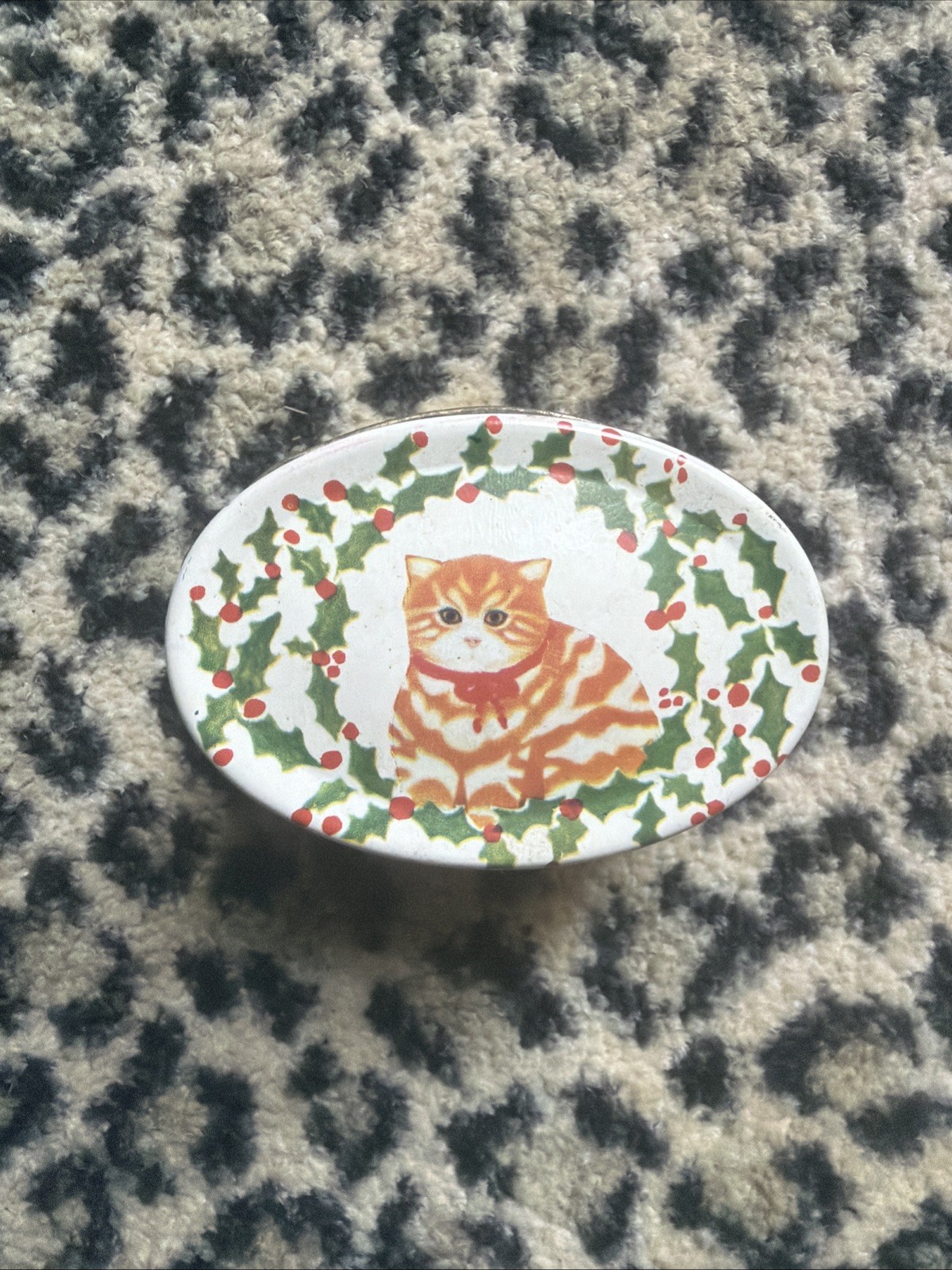 Cute Holiday Christmas Holly Cat Oval Lidded Functional Storage Decor Tin 3”