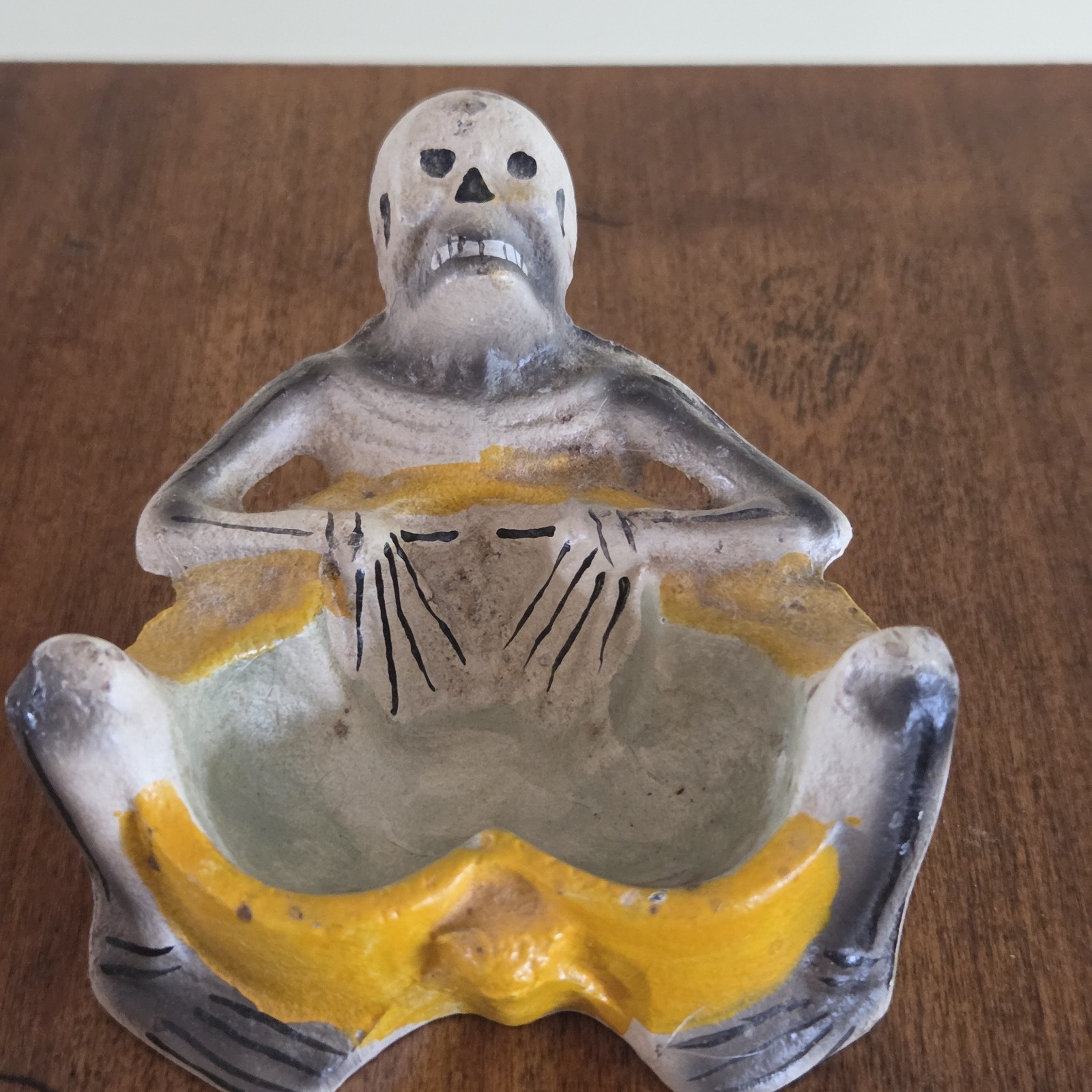 Vintage Cast Iron Skeleton Skull Occult Gothic Ashtray Trinket Dish Halloween