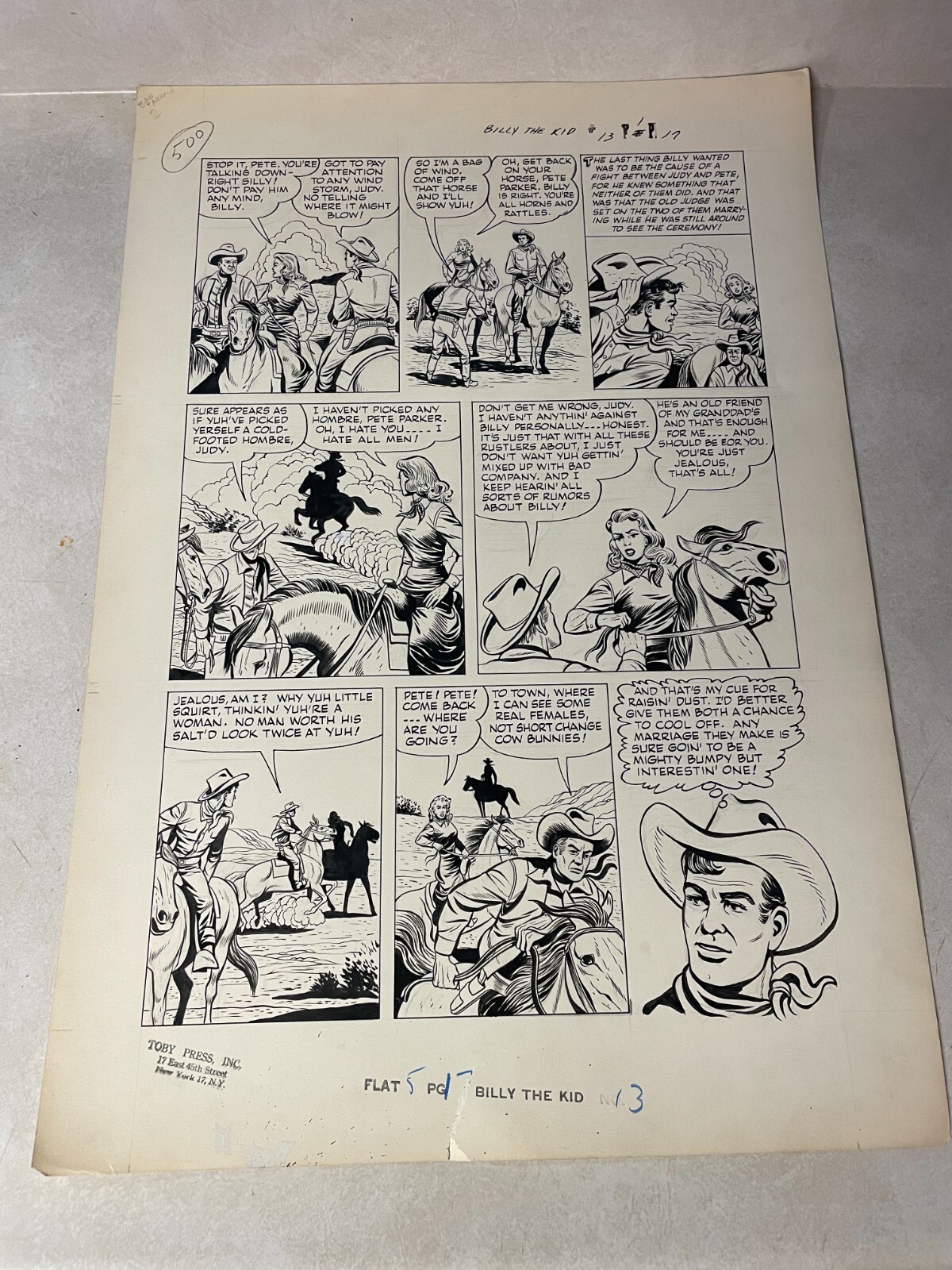 BILLY THE KID #13 original art  WESTERN 1952 FIGHT OVER GIRL HATE MEN TOBY