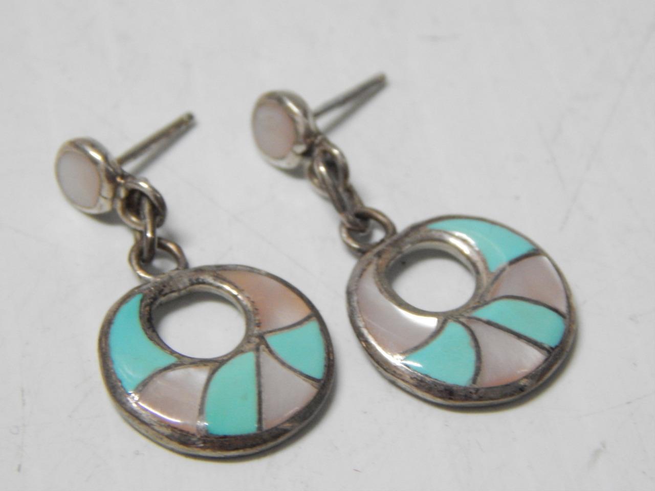 VINTAGE ZUNI  INDIAN STERLING SILVER TURQUOISE +SHELL INLAY DANGLER EARRINGS