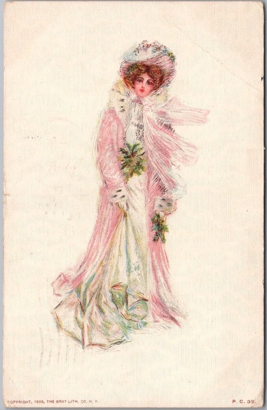 Vintage 1910 Pretty Lady Greetings Postcard Glamour / Fashion - GRAY LITHO CO.