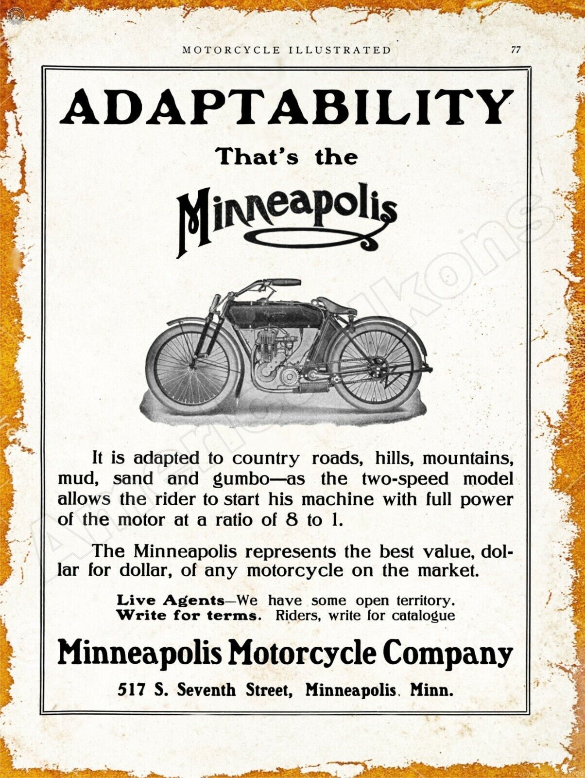 1911 Minneapolis Motorcycle Co. New Metal Sign: Minneapolis, Minnesota