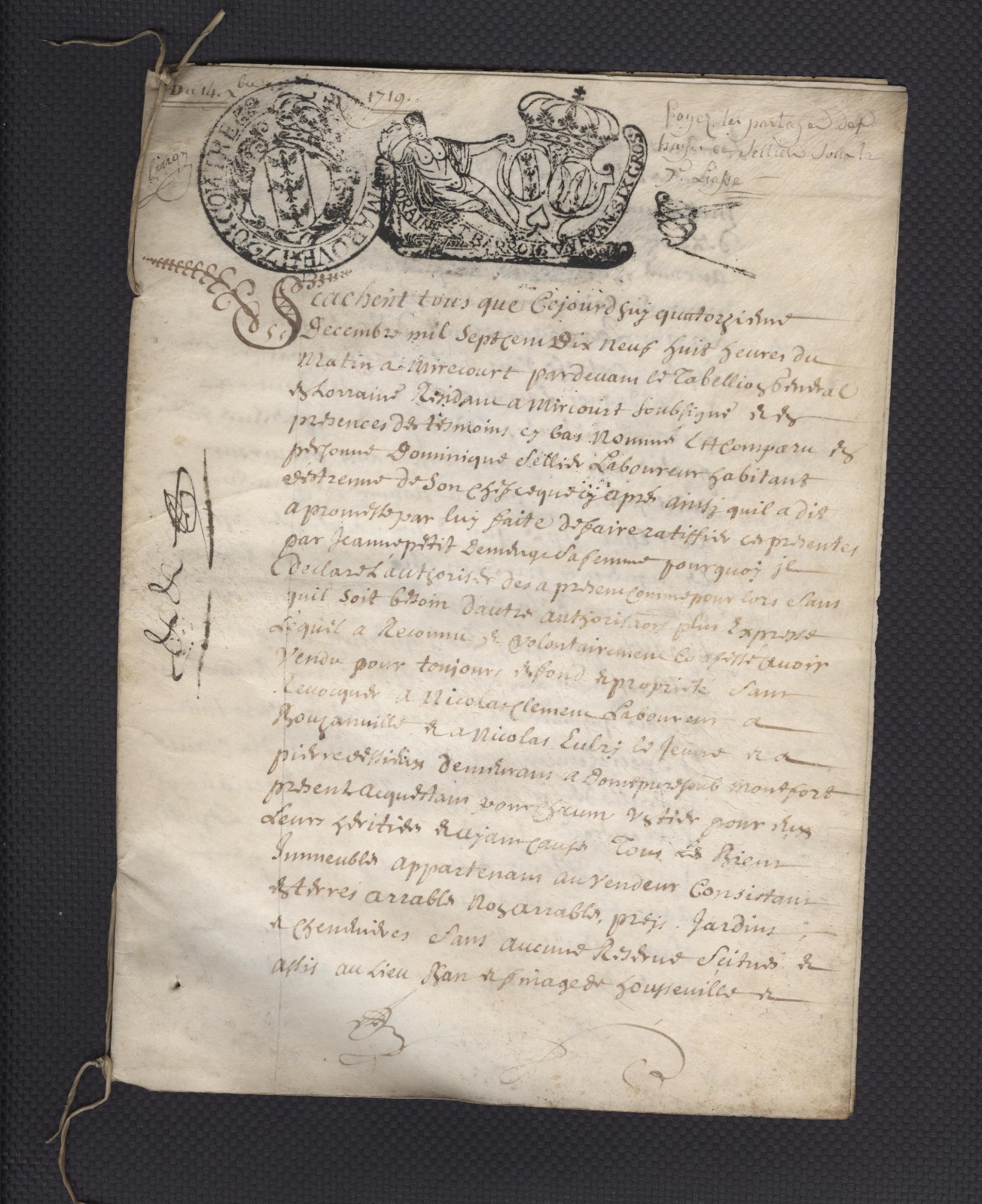 Rare 1719 Generality Loraine et Barrois Parchment with Countermark