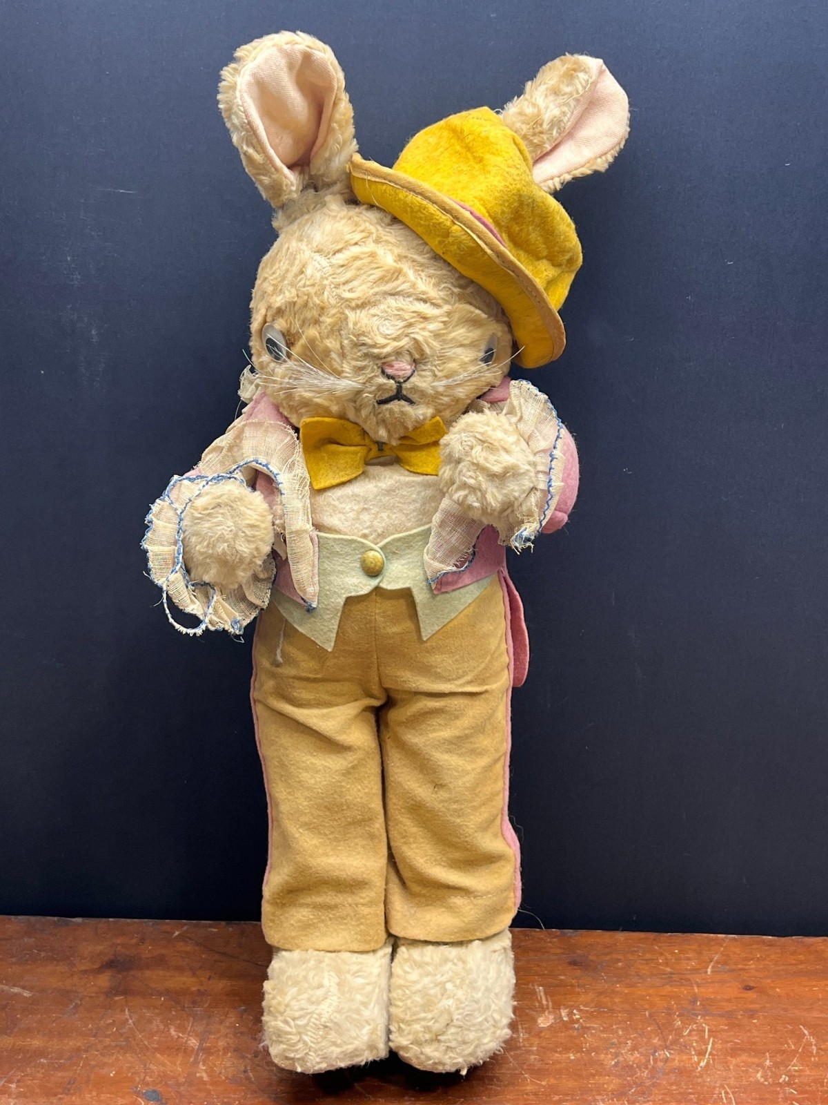 Vintage Antique Dapper Gentleman Easter Bunny Straw Stuffed Rabbit Googly Eyes