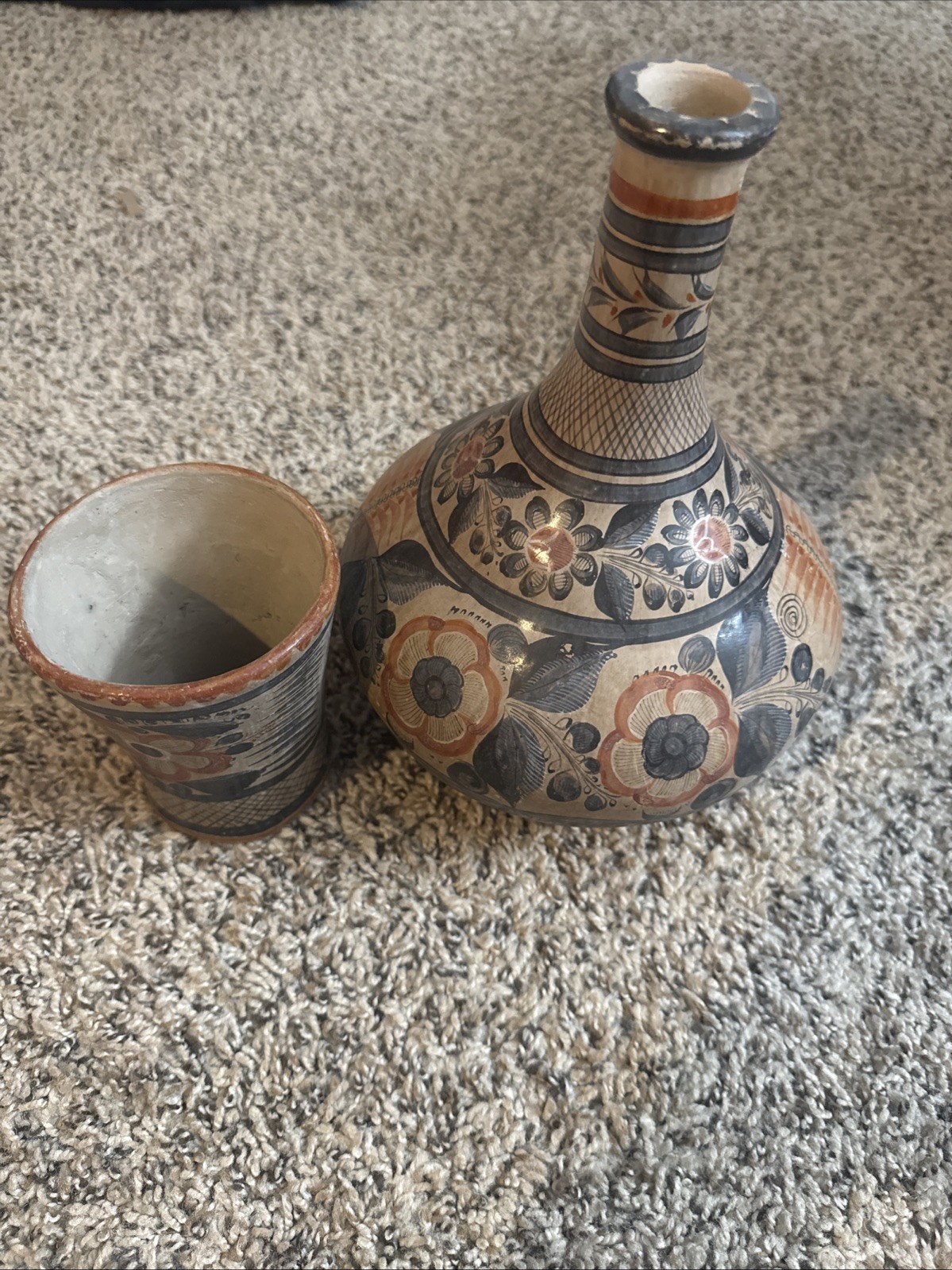 Vintage Tonala Mexican Hand Painted Clayware Pottery Natural Pigments Signed.