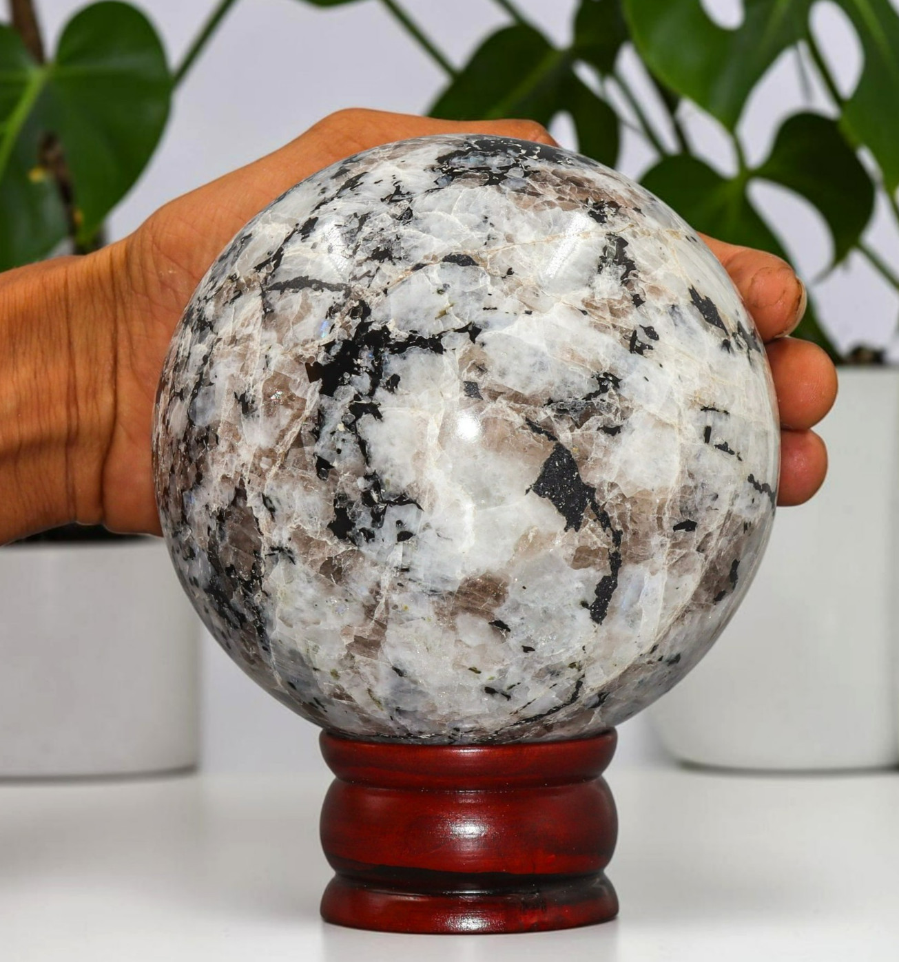 Superb Rainbow Moonstone Sphere 5 lbs Black Tourmaline Flash Healing Gem Ball