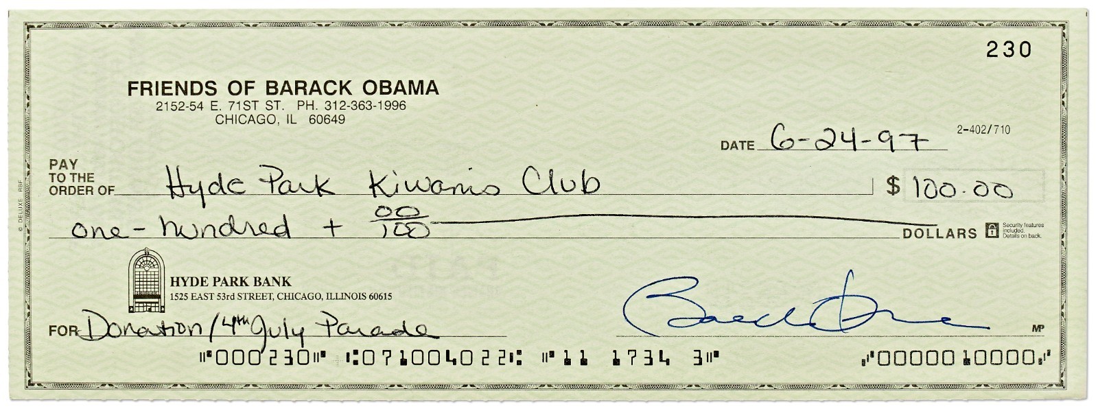 Barack Obama Check Signed from the \