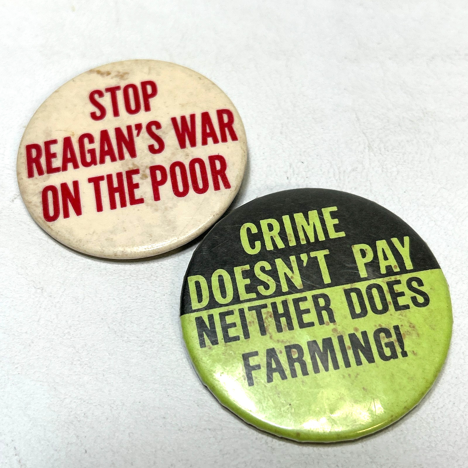 Vintage 1980s Protest Pinback Button Lot of 2 Reagan War Poor Farming Slogans
