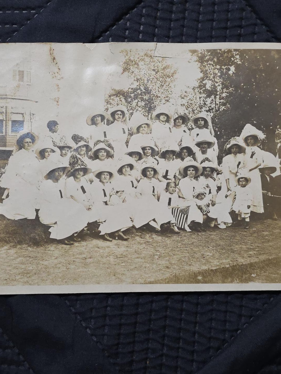 Antique Photo Women Children White Dresses Hats US Flags c1910 Group 