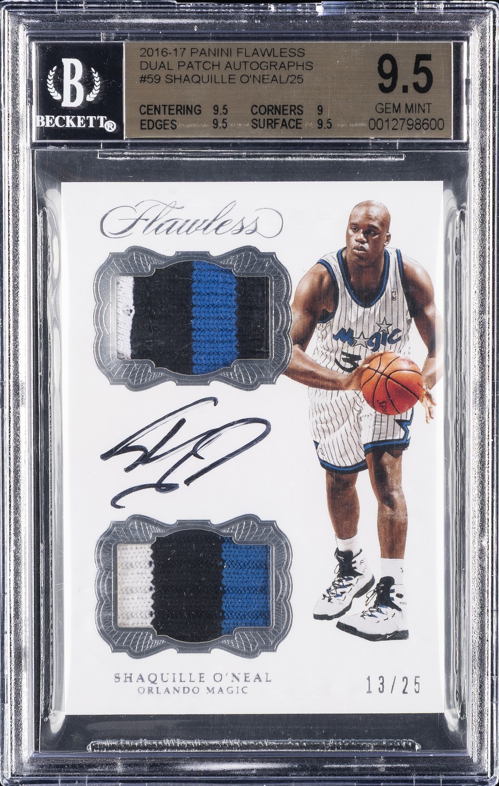 2016 PANINI FLAWLESS SHAQUILLE O'NEAL/25 #59 DUAL PATCH AUTOGRAPHS BGS 9.5