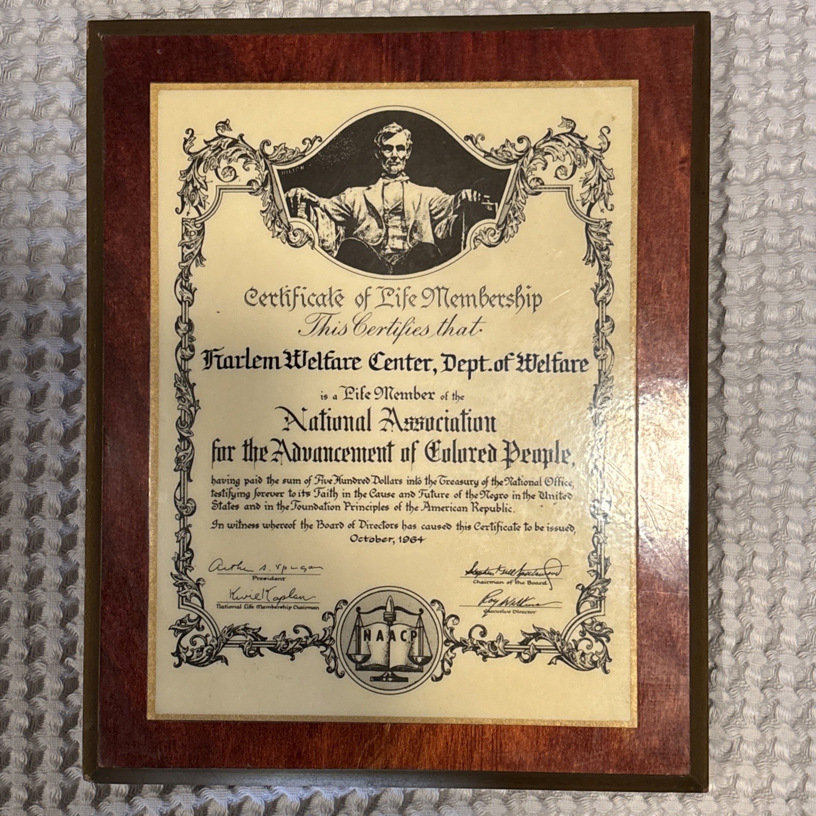 NAACP Harlem Welfare Center,  life member plaque 1964 AFRICAN AMERICAN 8.5x10.5
