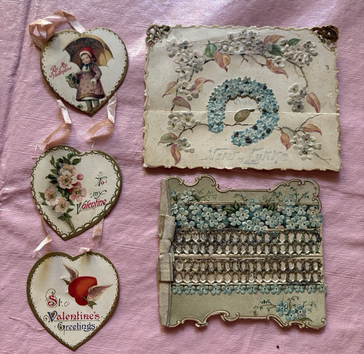 Three antique Victorian cards, one opens, the other needs new ribbon, Fragile