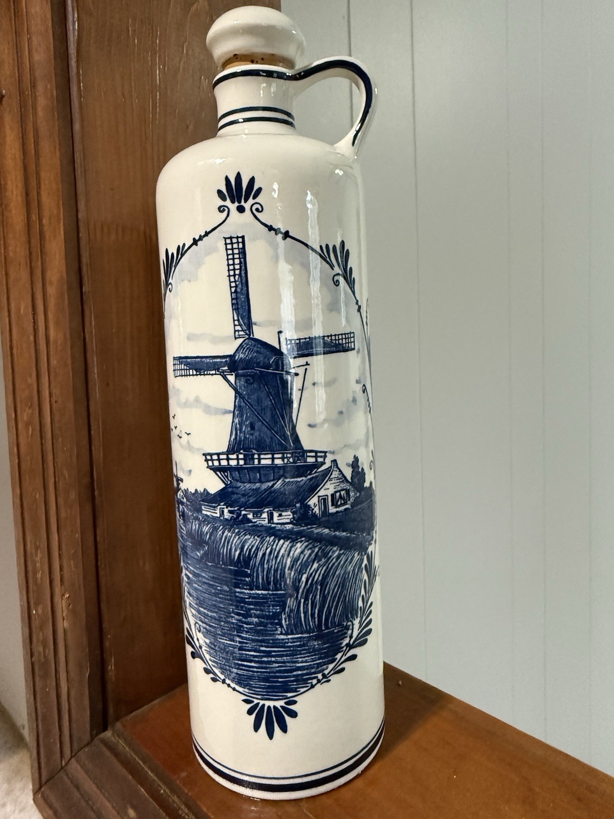 BOLS Delft Blue Genever Ceramic Bottle Decanter w/ Stopper Windmill, Holland