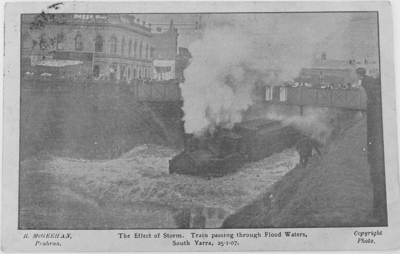 WOW  1907 South Yarra, Melbourne. Train Going Through Flood Waters Postcard