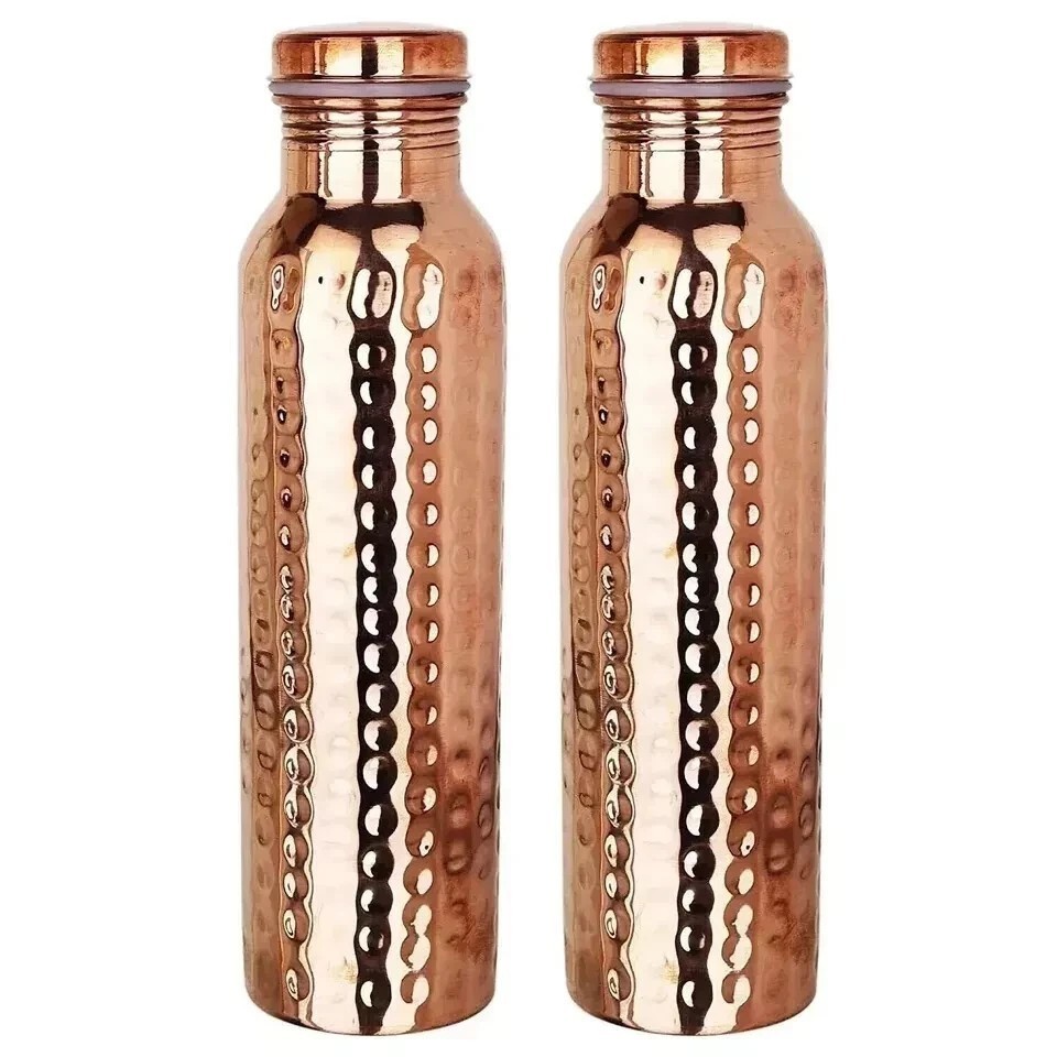 Pure Hammered Copper Water Bottle 1000ml Set of 2 Leakproof Copper Bottles