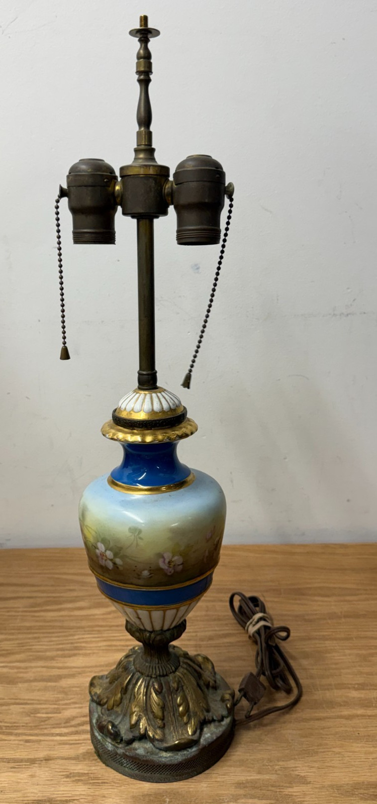 Antique Hand Painted Porcelain Table Lamp Signed REAN Cobalt Floral 23”