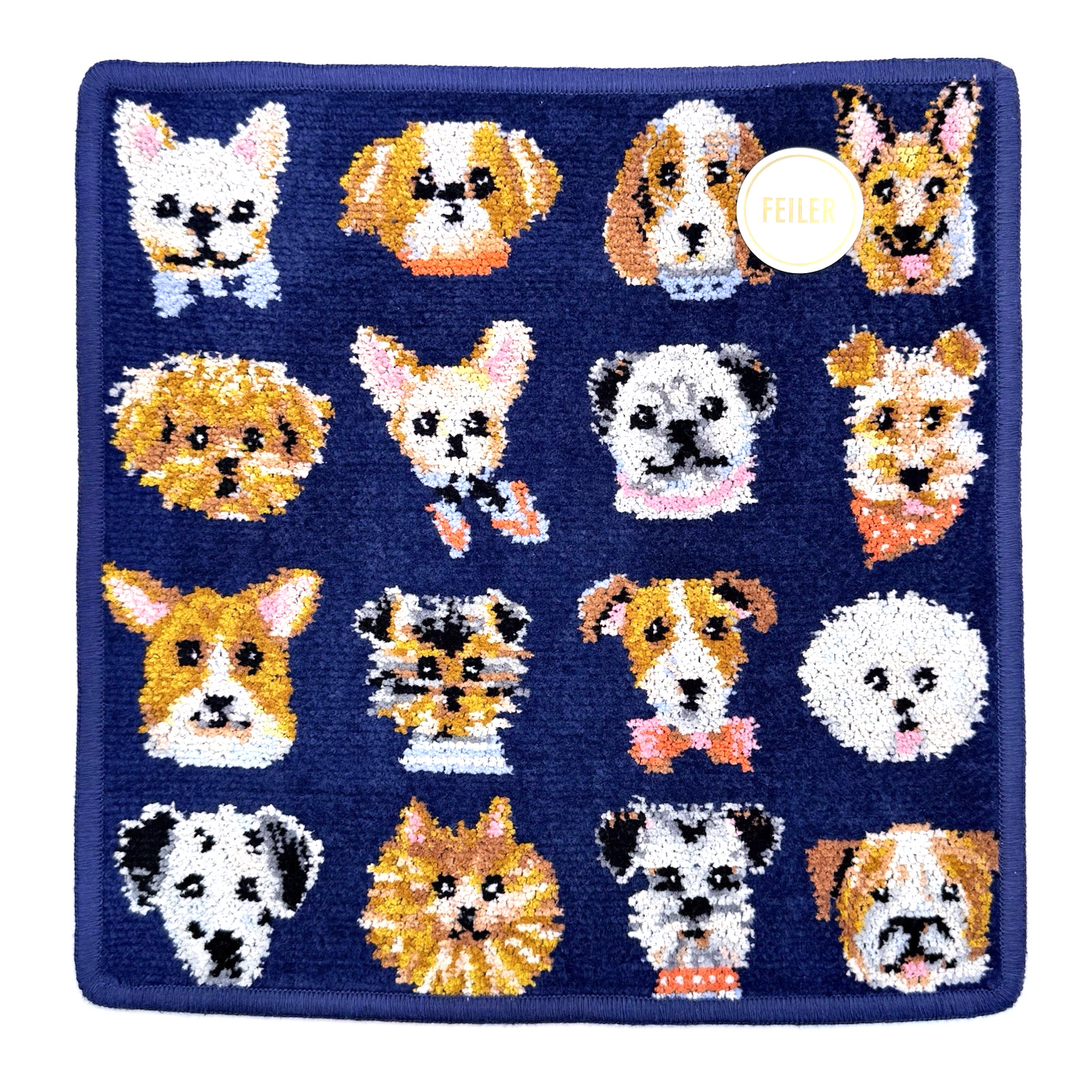 FEILER LOVERARY Doggy Handkerchief Towel Navy Dogs Chenille Japan New