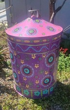 Vtg Hand Painted Galvanized Steel Can With Lid Trash Storage 8 Gallon picture