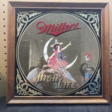 MILLER High Life 1980s Girl on the Moon Framed Bar Mirror 14 x14 picture