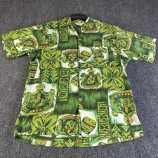 VTG 1960s Tiki Hawaiian Shirt Made In Hawaii Coat Of Arms Drums Green Mens M picture