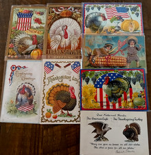 Nice ~Lot of 8 Vintage~Patriotic~Thanksgiving Postcards~Turkeys~Flags~etc.~s634 picture