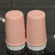 Vintage Pink Plastic Salt & Pepper Shakers Retro 50s font Pastel Kitchen Set picture