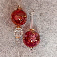 2 VTG Glass Red Etched Gold Floral Handblown Ornaments Christmas 6 in picture