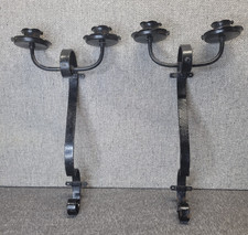 Vtg PAIR Spanish Revival Brutalist Forged Iron Heavy Candle Wall Sconces 2 Arm picture