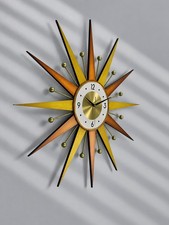 Handmade Orange Sunburst Wall Clock Mid Century Modern Gold Silent Retro Decor picture