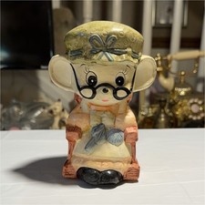 Vintage Ceramic Grandma Mouse Rocking Chair Knitting Bank Stopper Retro 1970s picture