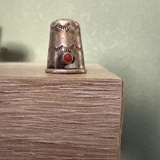 Vintage Native American Sterling Silver Coral Sewing Thimble Stamped picture