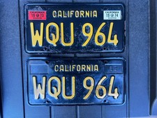 Vtg Original 1963 California License Plate Pair Set WQU 964 Yellow & Black Nice picture