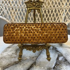 Vintage Lillian Vernon Woven Rattan Wicker Trinket Box Brass Latch Jewelry Case picture