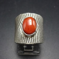 Pete Johnson NAVAJO Cuttlebone Cast Sterling Silver CORAL RING sz 5.5 Wide Band picture