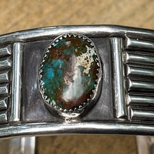 Navajo John Delvin Heavy 70g Big 6.75” Sterling Ag  Cuff w/ Rare Turquoise Stone picture