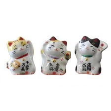 3-Piece Maneki Neko Cat Figurine Set, Mini Japanese Ceramic Lucky Beckoning Cat picture