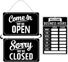 Open Closed Sign Set Business Hours Flip Door Window Black 11x7 12x8 picture