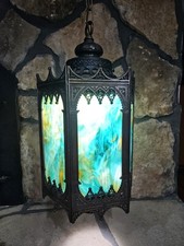 Antique 1963 LightCraft of California Brass Stained Glass Pendant Lamp Gothic picture