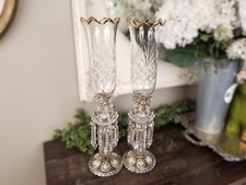 Antique French Baccarat Crystal Gilt Enamel Medallion Hurricane Candle Holders picture