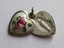 VINTAGE STERLING SILVER GUILLOCHE ENAMEL PUFF HEART RELIGIOUS LOCKET MEDAL CHARM picture