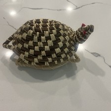 VTG Turtle Tortoise Hand Woven Lidded Basket Box 4” picture