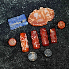 10 Antique Old Near Eastern Mix Stone Carnelian Lapis Intaglio Barrel Bead Seal picture