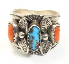 Navajo John Charley Sterling Silver Stamped Turquoise Coral Cigar Band Ring Sz7 picture