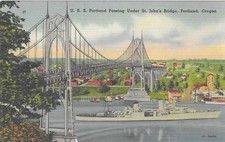 Vintage Oregon Linen Postcard USS Portland Passing Under St John's Bridge picture