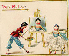 1880s-90s Embossed Raphael Tuck Christmas Card Matchstick People Painter F172 picture