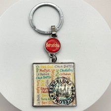 Vintage 70s LK Barcelona Spain Souvenir Silver Tone Square Charm Keychain Retro picture