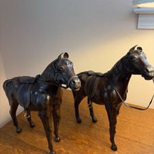 Antique Pair Of HandCrafted Leather Horse Figures Excellent picture