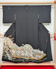 Vintage Japanese Kimono Silk Black Tomesode Authentic Kaga Yuzen Yuzo Miyano picture